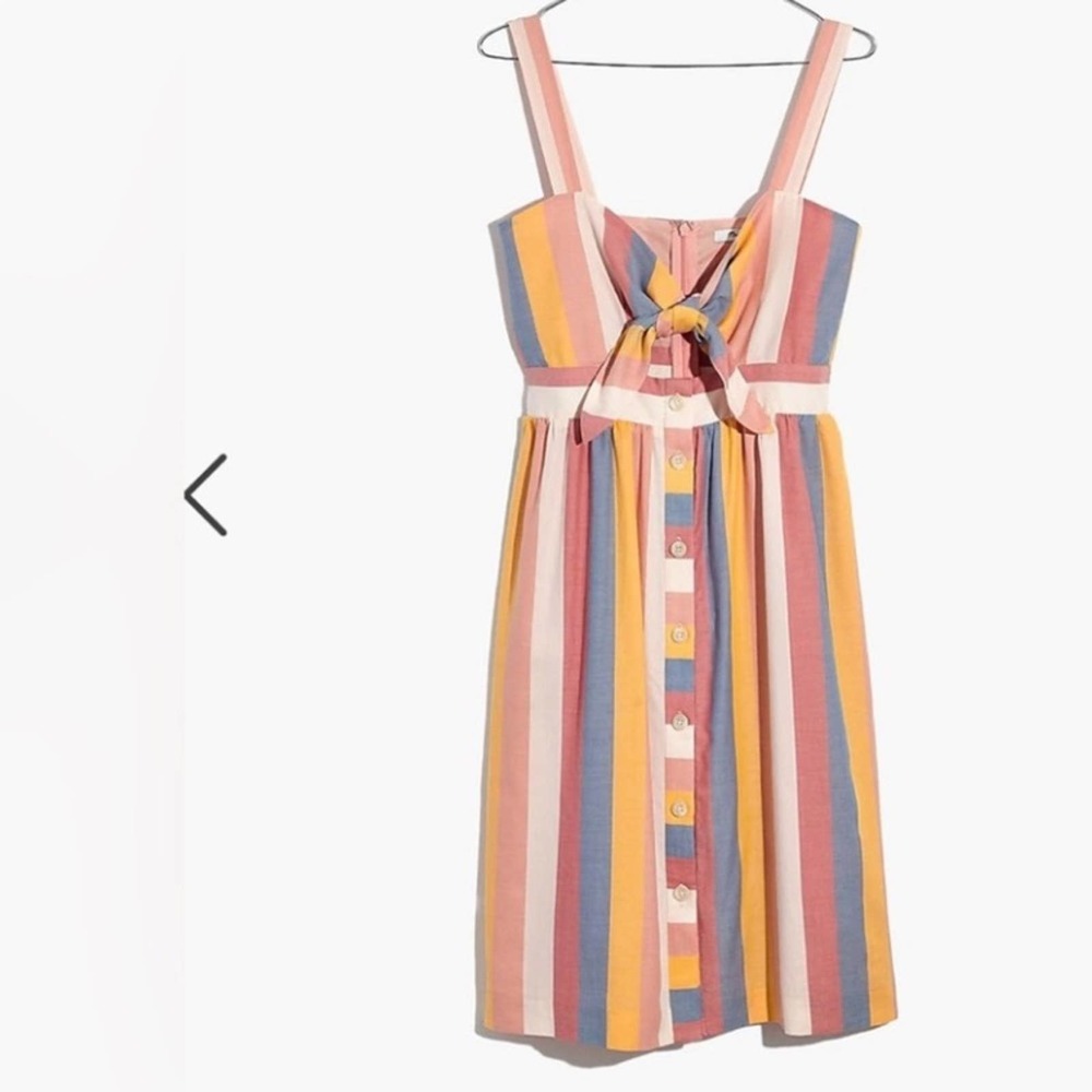 MADEWELL DRESS SIZE 0 STRIPED FRONT TIE CUTOUT MIDI BLUE PINK YELLOW SHE…